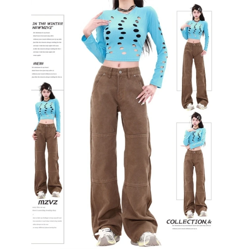 

2024 Brown Womens Jeans Spliced High Waist Straight Baggy Denim Pants American Korean Fashion Y2K Female Wide Leg Denim Trouser
