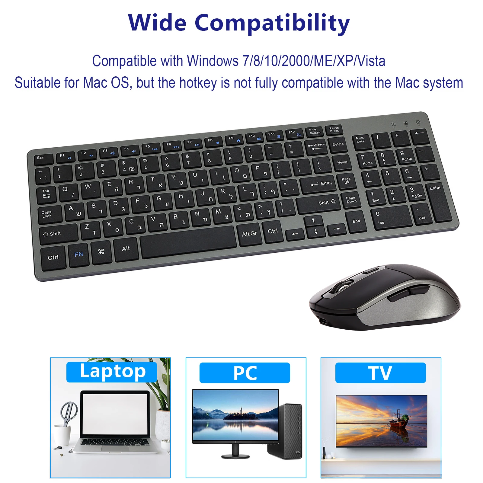 Wireless Keyboard and Mouse Combo Rechargeable Russian Hebrew Korean English Keycap Slim Computer Keyboard & Silent Mouse Set images - 6