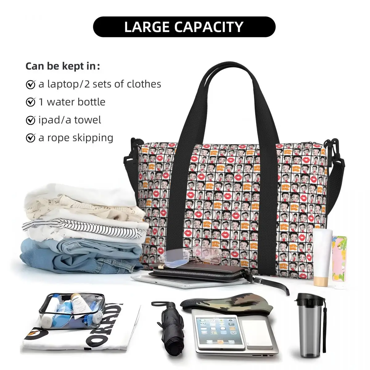 Sexy Doll Boops Bettys Collage Beach Tote Bag for Women Big Compartment Beach Gym Travel Bags