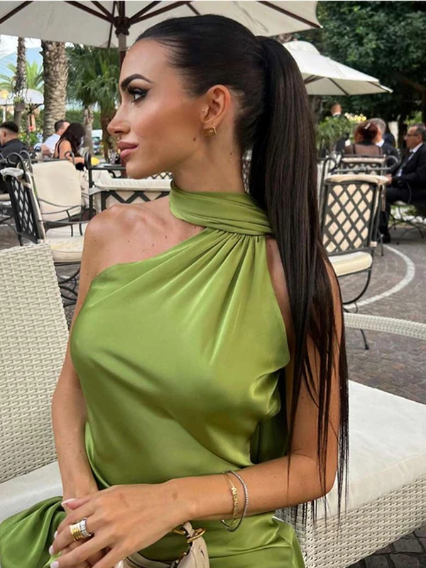 Sexy Satin Ribbon Party Dress Women Elegant Halter