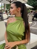Sexy Satin Ribbon Party Dress Women Elegant Halter Backless Off Shoulder Sleeveless Female Dresses 2024 Summer Solid Robe Gown 2