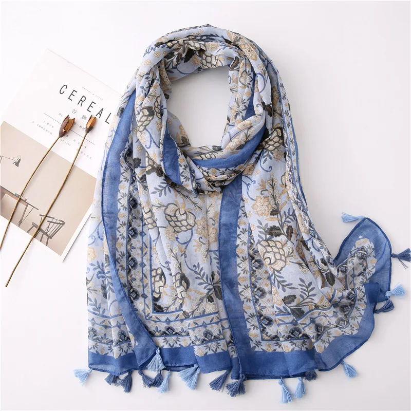 180*85cm Splicing Bohemian Cashews Printed Tassel Hijabs Women Shawls Cotton Muslim Head Wraps Large Size Fashion Head Scarves
