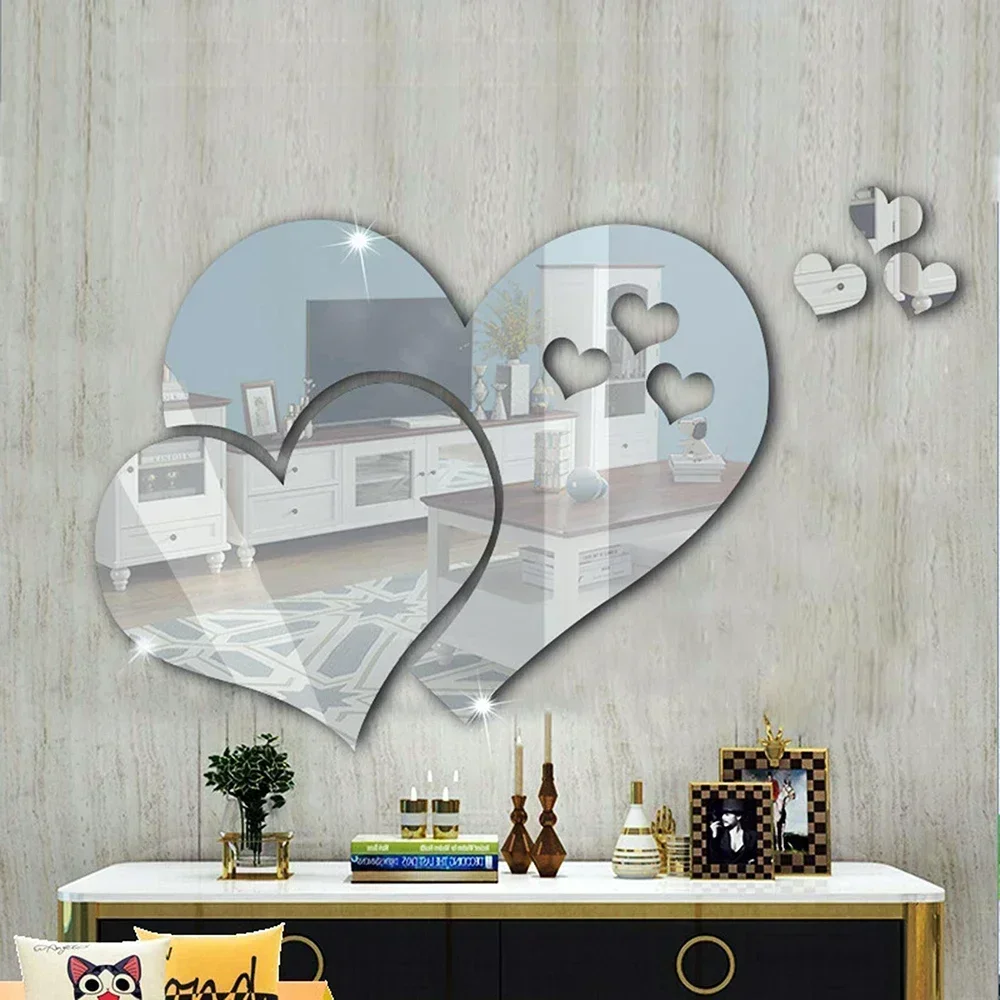 Wall Sticker 3D Glass Mirror Hearts DIY Self-adhesive Wedding Background Home Room Decoration