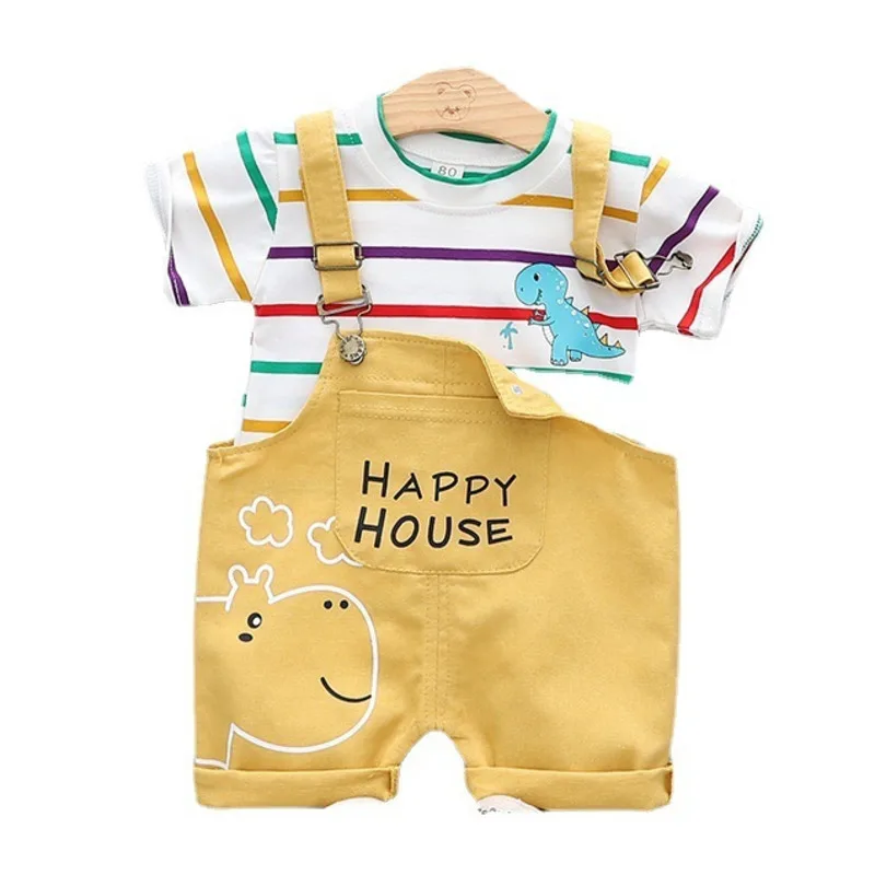 Summer Children Cotton Baby Boy Girl Clothes Cartoon Stripe T Shirts Bib Shorts 2Pcs/Sets Infant Kids Fashion Toddler Tracksuits