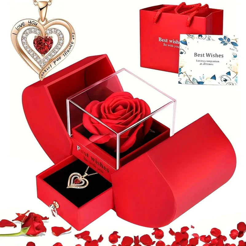 Herz-Halskette mit roter Rose als Geschenkbox als Muttertagsgeschenk, Weihnachtsgeschenk, Valentinstag-Datums-Souvenir, Jubiläums-Andenken