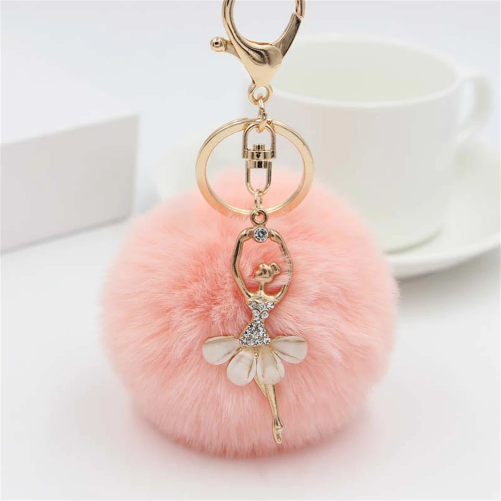 RhinestoneDancingGirlKeychainWithLargePompomCharmCutePlush