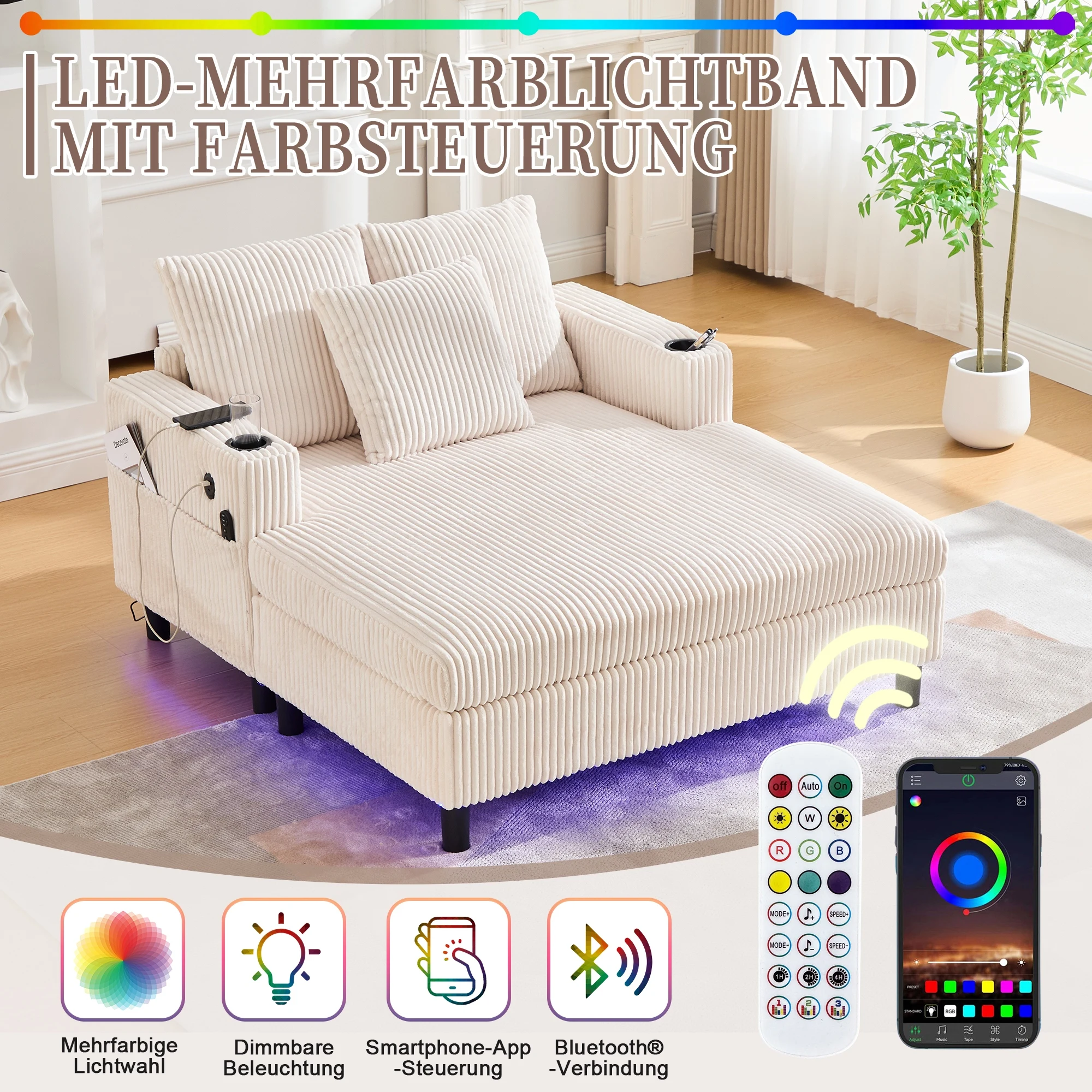 LVHOM Modernes Chaiselongue-Sofa mit Getränkehalter, USB-Anschluss und LED-Beleuchtung, großes Schlafsofa, geeignet für Wohnzimmer, Schlafzimmer – Detail 2