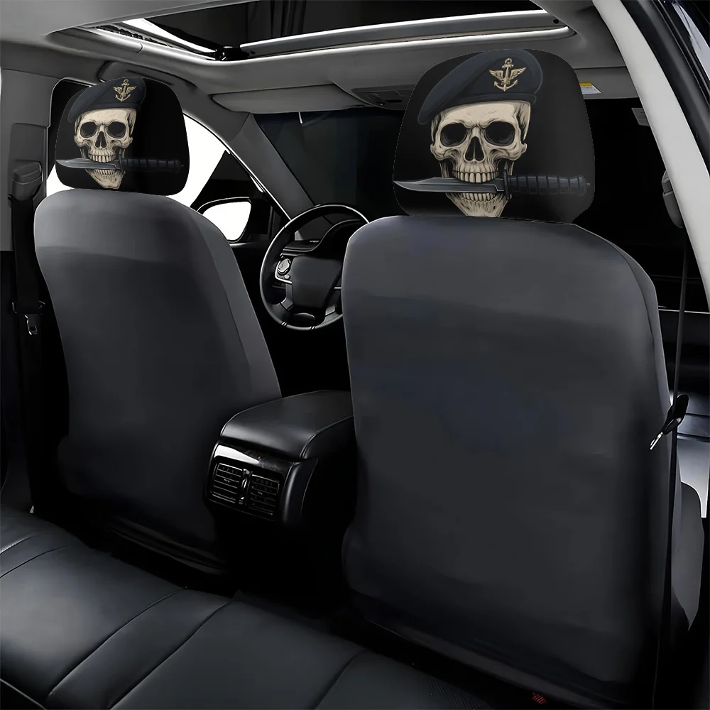 2 Stück Marineblaue Totenkopf-Messer-Print Auto-Kopfstützenbezüge, Ganzjährig Nutzbar, Langlebig & Einfach zu Montieren, Lustige Niedliche Designs für Auto-Innendekoration – Detail 6