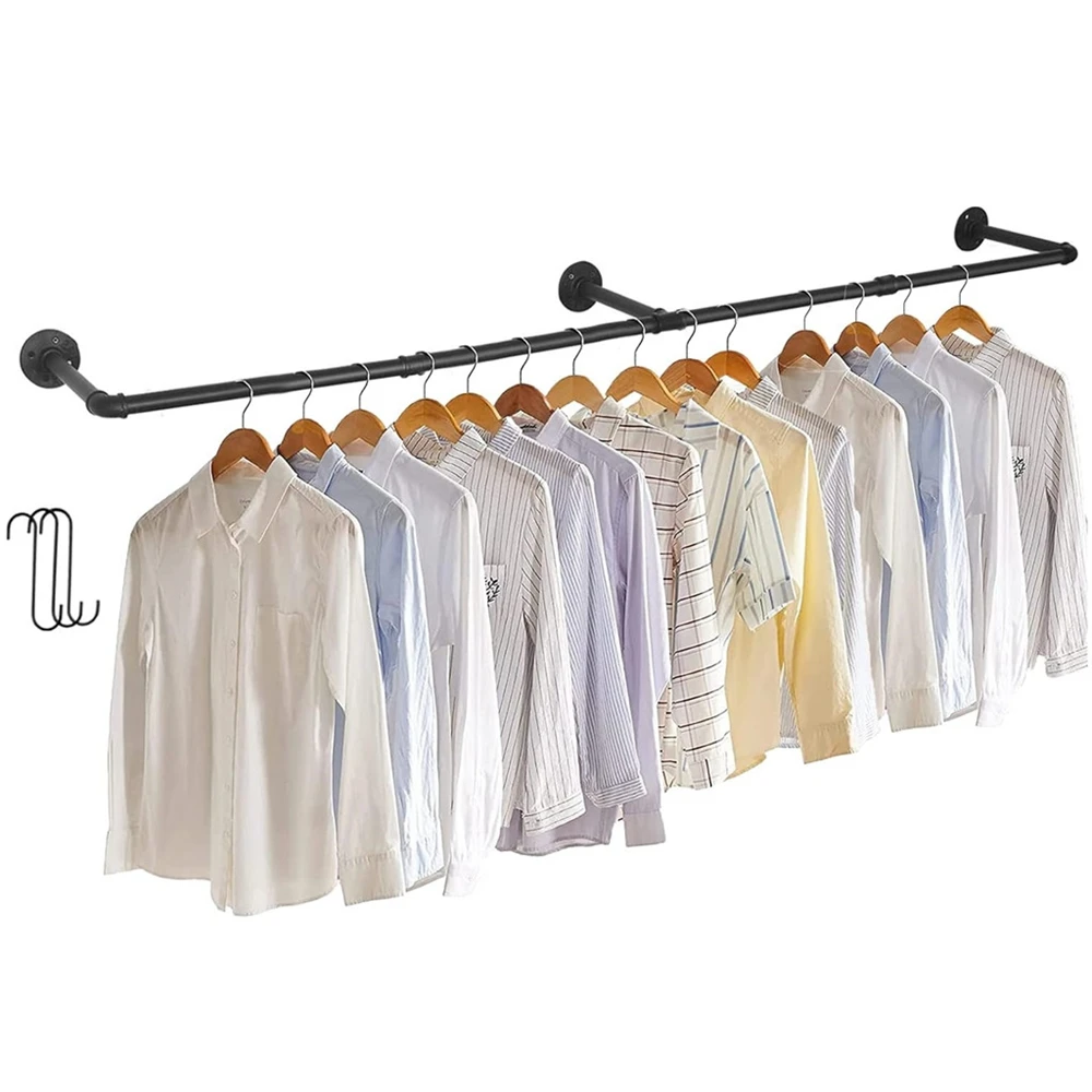 Wall Mounted Industrial Pipe Clothes Rack Bedroom Hanging Garment Rail Rack Space Saving Shelf