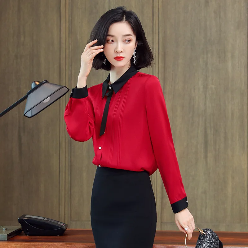 thumbnail image 1 of Camisas de seda auténtica para mujer coreanas de nuevo diseño de 2022, blusas elegantes para oficina, camisas de manga larga con un solo pecho, 1 of 5