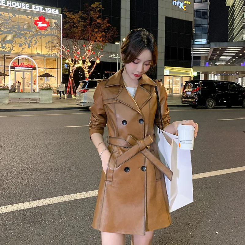 

Genuine Leather Jacket For Women's Long Season New Sheep Leather Lace Up Slim Fit Leather Trench Coat