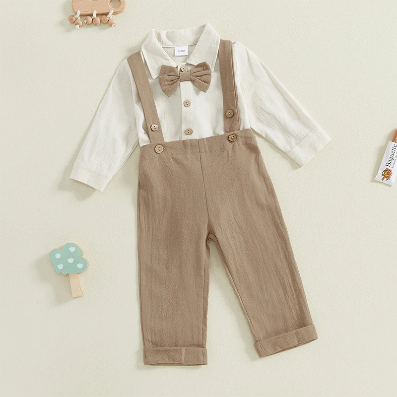 Baby Boys 2PCS Outfit Sets Long Sleeve Lapel Button Up Romper Solid Color Suspender Pants Sets 2