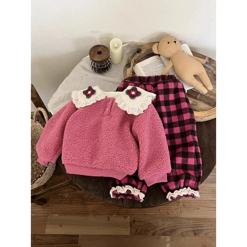 

Internet Celebrity Girls' Autumn and Winter Suit New Fleece-Lined Doll Collar Warm Hoodie Plaid Trousers Suit Fashion