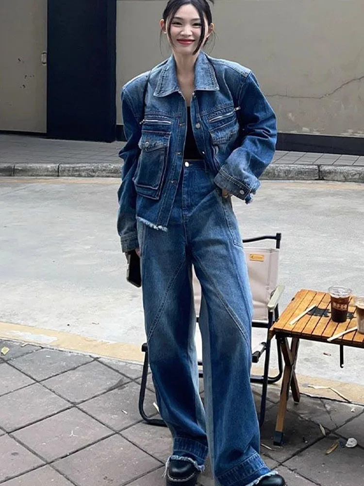 

Женский джинсовый комплект, стираемый старый пиджак, женский пиджак, женская одежда, брюки, женская джинсовая куртка