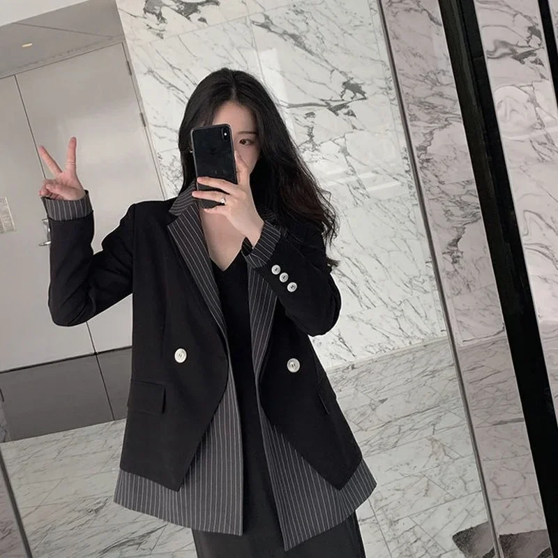 Women's Patchwork Blazer Striped Suit Jacket Office Women Korean Fashion Slim Fit Cheap Wholesale Luxury Double-breasted Buttons