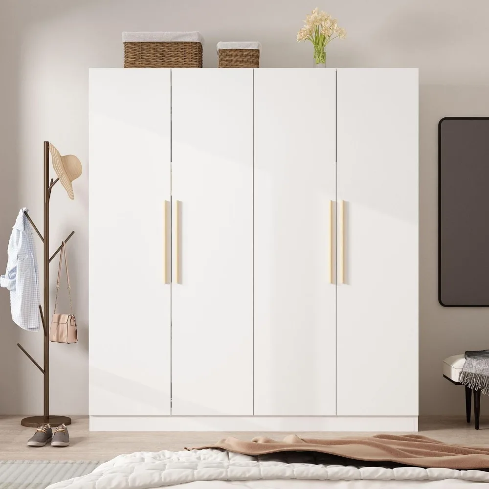 4 Door Wardrobe Armoires and Wardrobes with Storage Shelevs, Armoire Wardrobe Closet with Hanging Rod, Wooden Handles 3