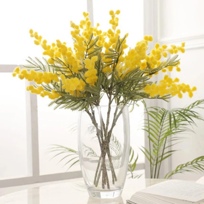 38Cm Fake Acacia Artificial Flower White Yellow Plush Mimosa Pudica Spray Cherry Silk Wedding Home Table Decoration |