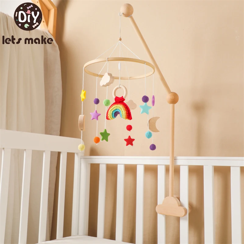

Baby Wooden Bed Bell Handmade Crochet Rainbow Pendant Musical Baby Hanging Toys Crib Mobile Wood Toy Holder Bracket Infant Gifts