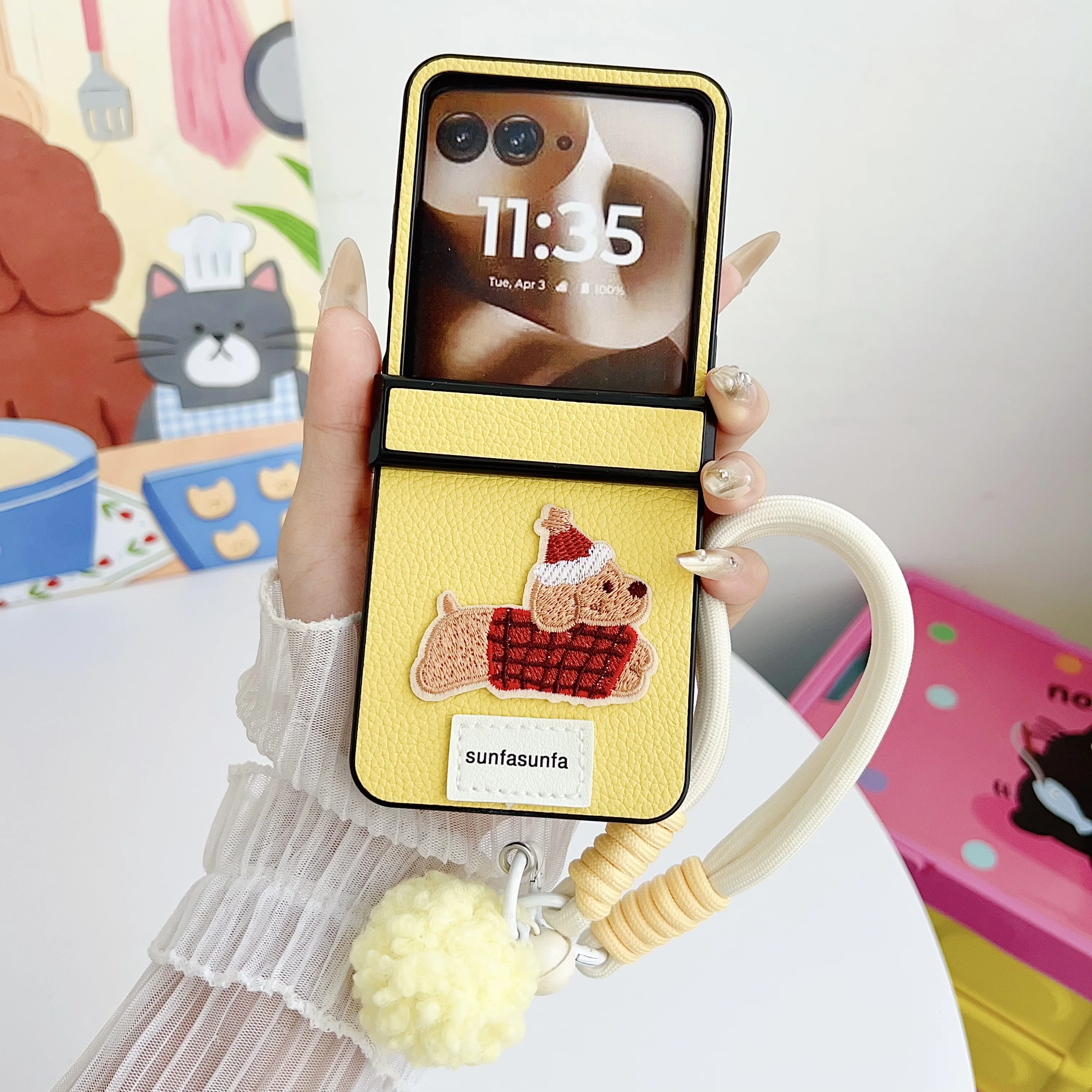 Cartoon Sausage Dog PU Leather Phone Case with Wrist Strap and Hinge Protection