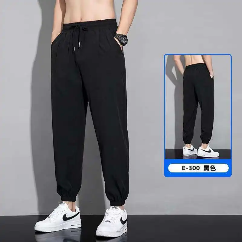 Summer Thin Ice Silk Pants Men's Quick-drying Solid Color Casual Breathable Pencil Pants Drawstring Korean Style Trousers 1