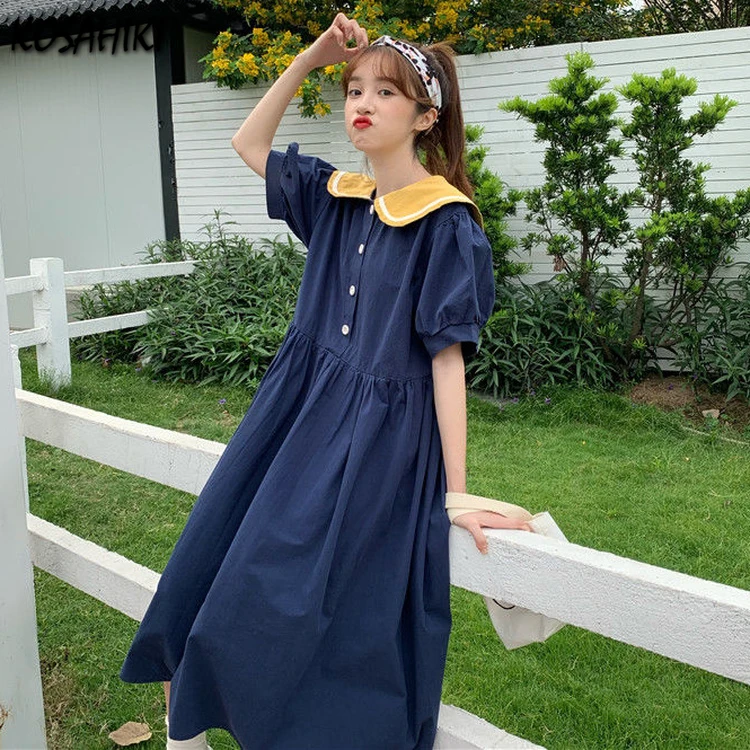 KOSAHIKI Vestido Midi japonés cuello De marinero para Mujer, ropa Kawaii, bonita Línea A, verano, Sukienka, 2022| | - AliExpress
