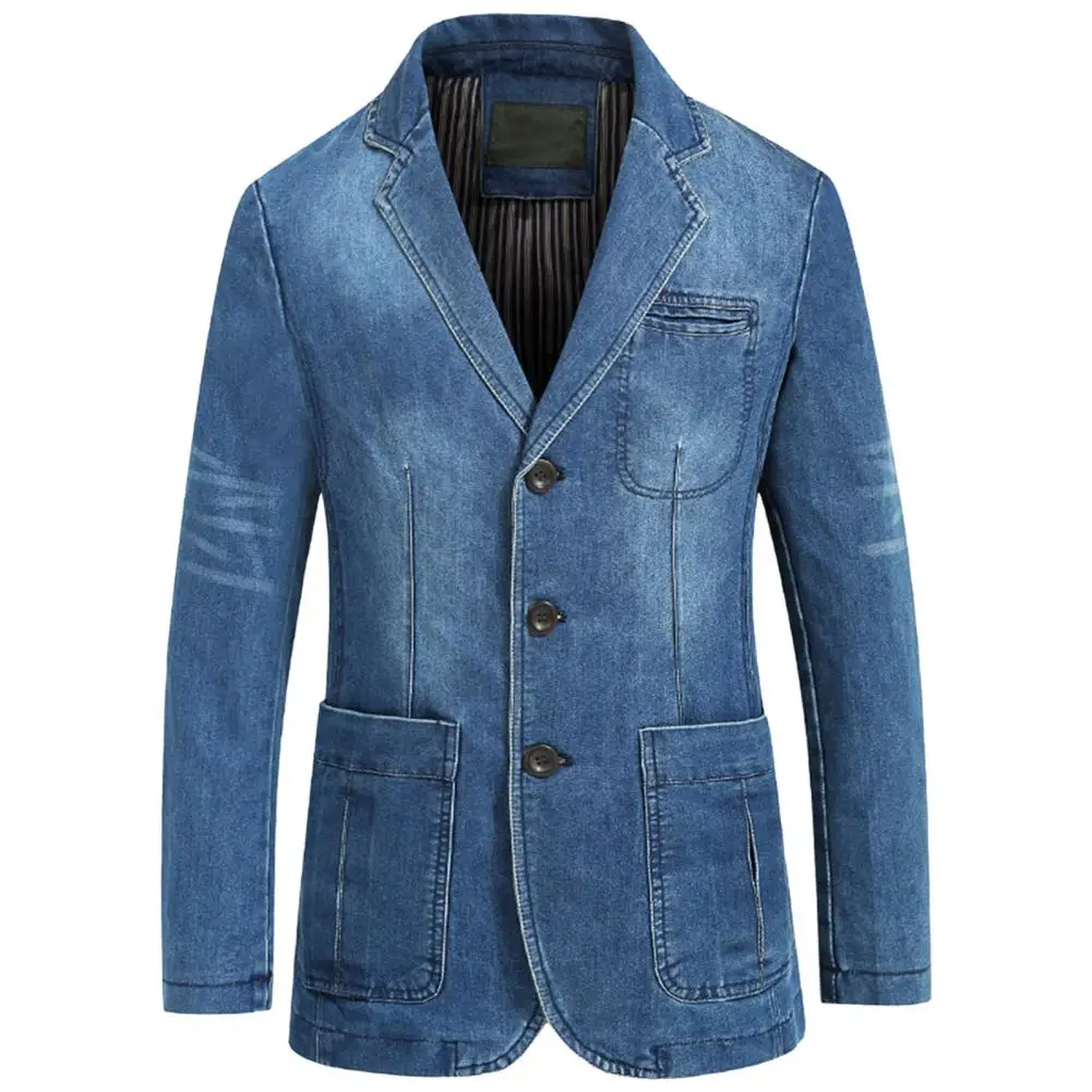 Denim Men Jeans Suit Jacket Solid Color Casual Business Three Buttons Denim Suit Jacket Slim Fit Business Jeans Blazer