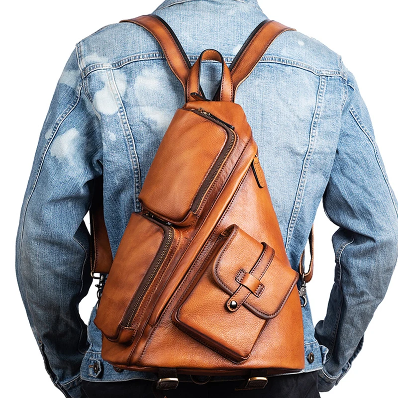 Men Genuine Leather Backpack Book School Bag Rucksack Travel Casual Retro Male Real Cowhide Laptop Computer Bags Knapsack trendy sling bags