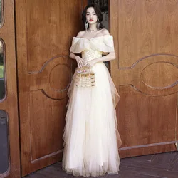 Retro Women's Prom Dresses Off The Shoulder Sleeveless Lace Tiered Skirt Elegant Ladies Party Banquet Dress for Women Vestidos