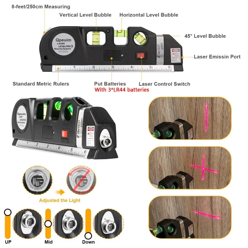 Home Multi-function Laser Leveling Instrument Steel Ruler Straight Line Laser Level Aligner Vertical Measure Tape