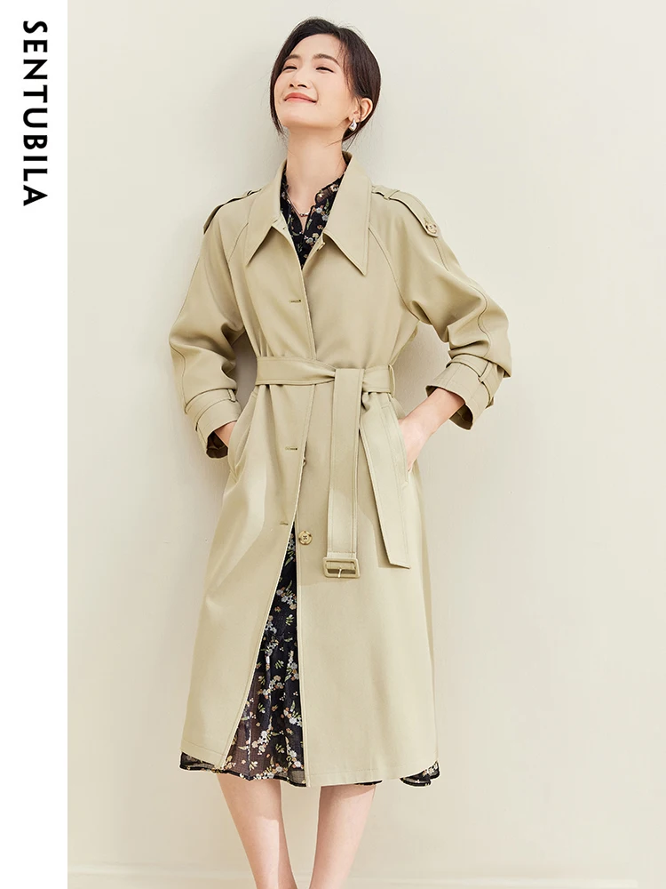 SENTUBILA Double-breasted Long Trench Coat for Women 2023 Notched Lapel Detachable Tie Belt Long Sleeve Autumn Winter Outerwear