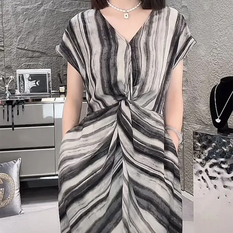 Elegant V-Neck Waisted A-Line Mid-Length Dress, Romantic Vacation Textured Printe | ChicGrl main image 1