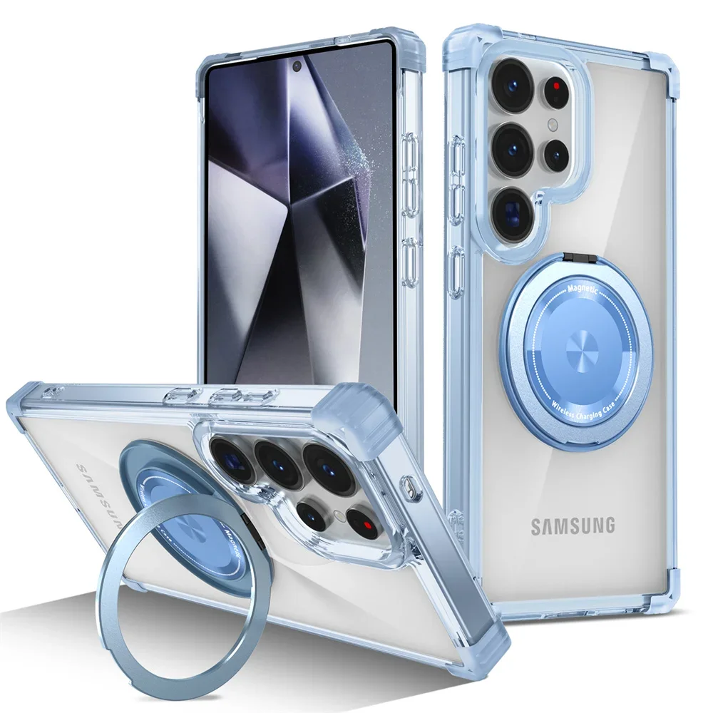 Rotating Magnetic Folding Stand Transparent Phone Case - Armor Shockproof Cover