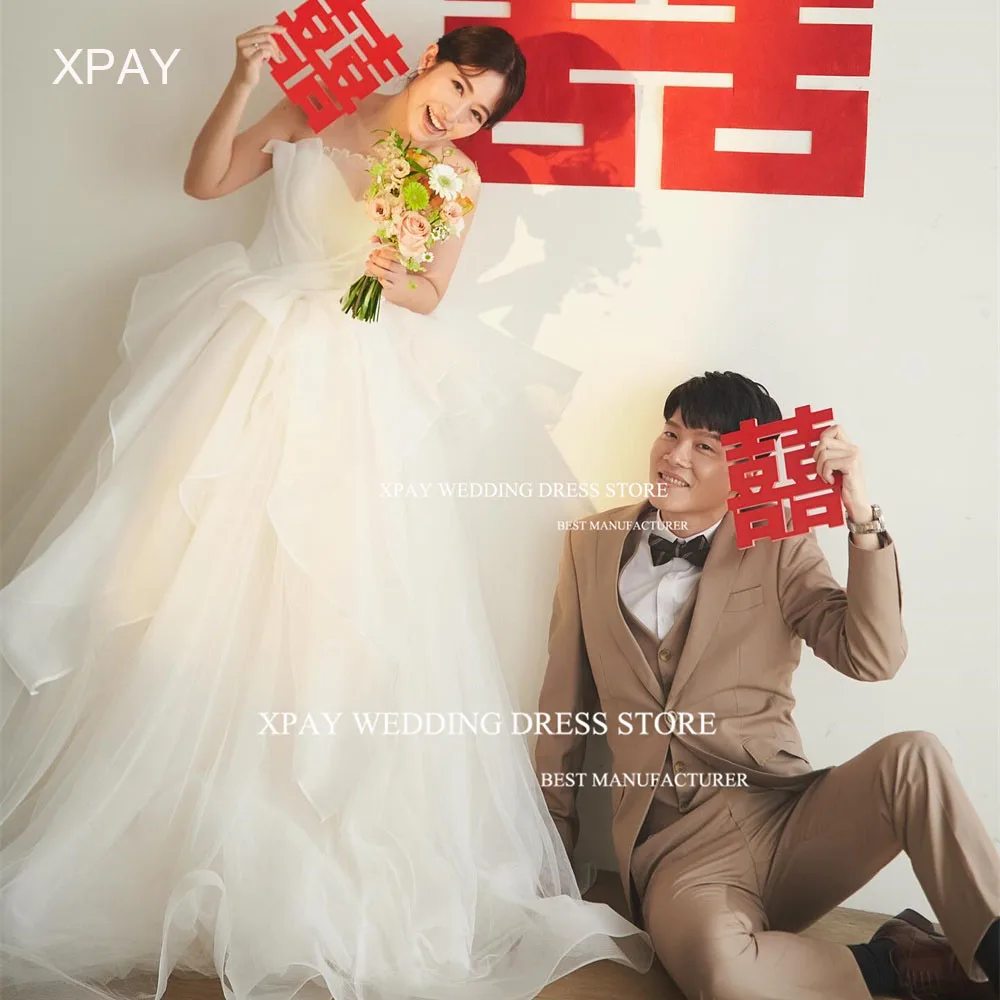 

XPAY Elegant V Neck Pleat Korea Wedding Dresses Photos Shoot Strapless Organza Bride Gown Backless Custom Wedding Bridal Dress