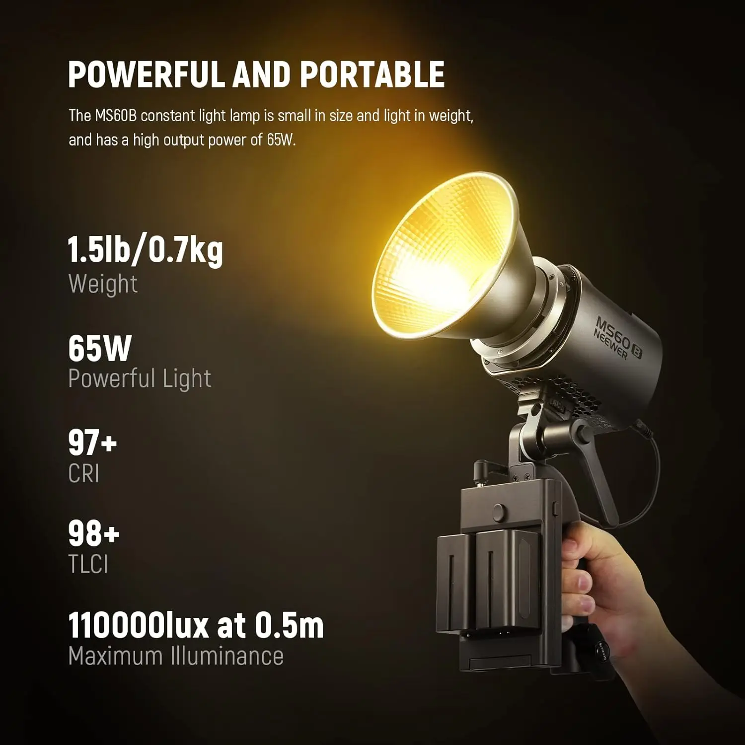 NEEWER MS60B 바이 컬러 LED 비디오 조명, 2.4G/APP 제어, 65W 금속 미니 핸드헬드 COB 연속 출력 조명, 보웬스 마운트