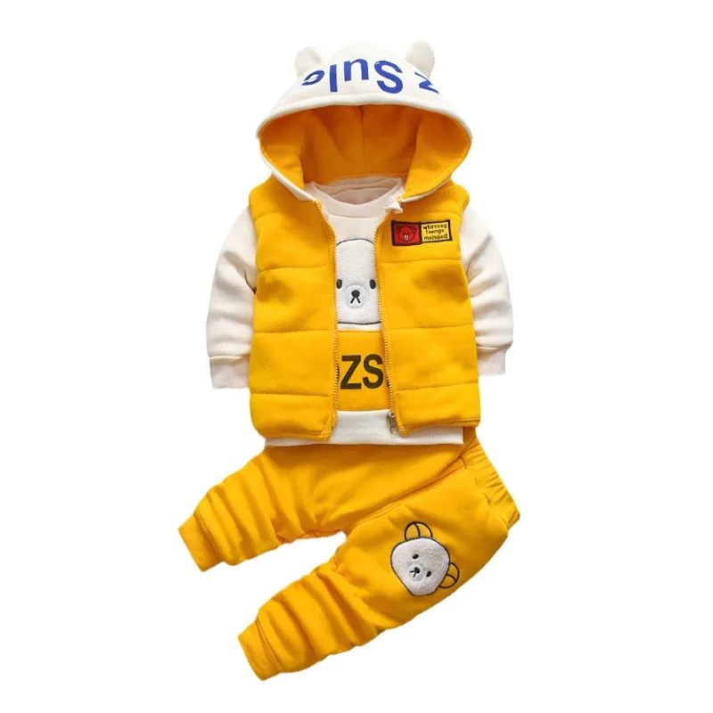New Autumn Winter Baby Girl Clothes Children Boys Thickened Hooded Vest T-Shirt Pants 3Pcs/Sets Toddler Costume Kids Tracksuits 1
