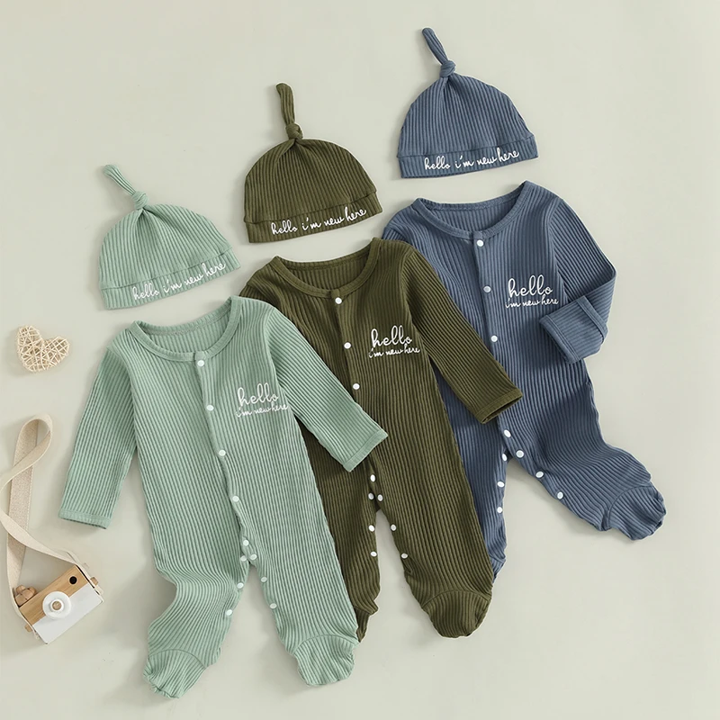 Baby Boy Footie Romper Casual Letter Print Long Sleeve Ribbed Jumpsuit with Cute Hat Set for Newborn Infant Fall Clothes
