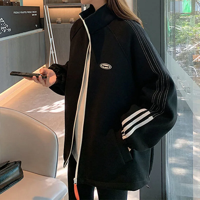 Fashion Korean Stand Collar Long Sleeve Loose Coats Women's Clothing Casual Streetwear Striped Letter Printed Zipper Jackets