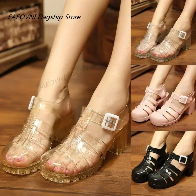 Women Jelly Shoes Summer Women Sandals Square High Heels Transparent Platform Sandal Lady Bling Silver Jelly Sandalias Mujer women sandals women high heels wedge sandals comfortable sandals