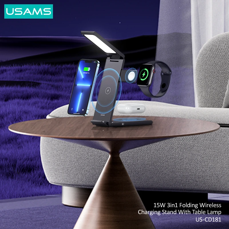 

USAMS 15W Qi Fast Wireless Charger Stand With Table Lamp For iPhone 3 in 1 Foldable Charging Dock Station For Airpods Pro Watch