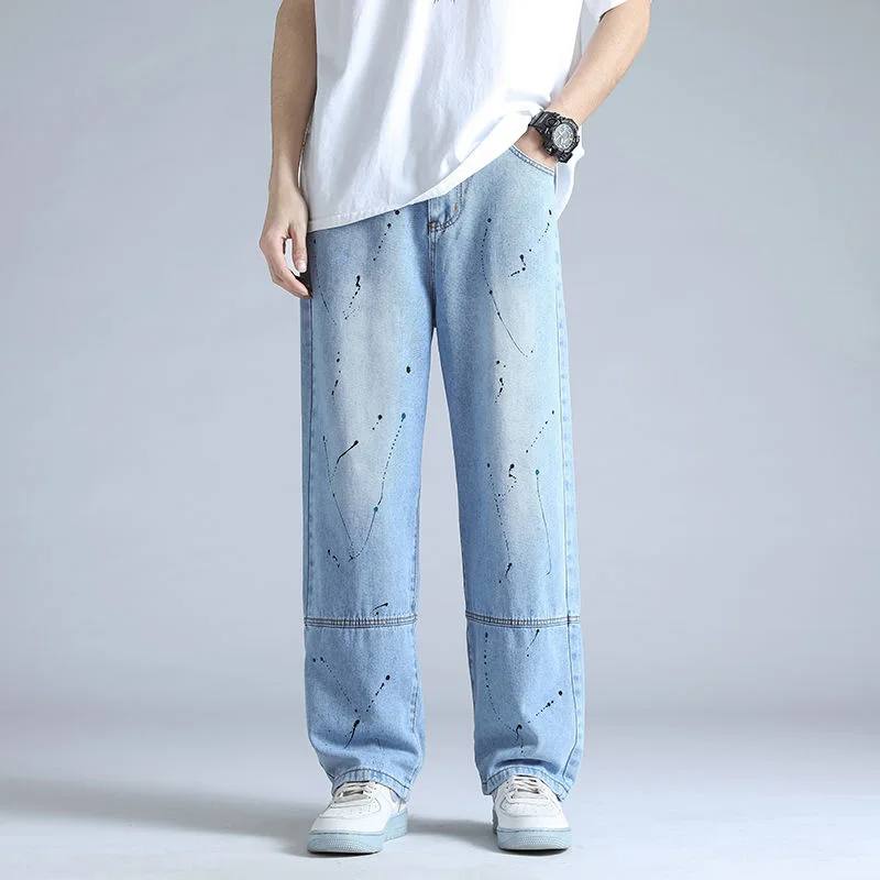 

Splicing Jeans for Men Fashion Simple Trousers Hiphop Trend High Street Loose Straight Wide Leg Washed Printed Denim Long Pants