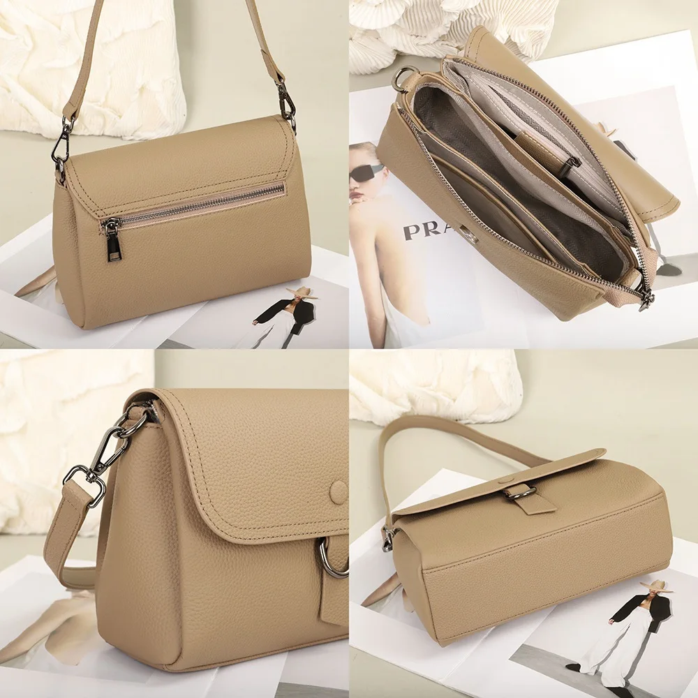 Real Cow Leather Small Square Bag Women's Solid Handbag Versatile Top Layer Cowhide Multi Compartment Single Shoulder Bag