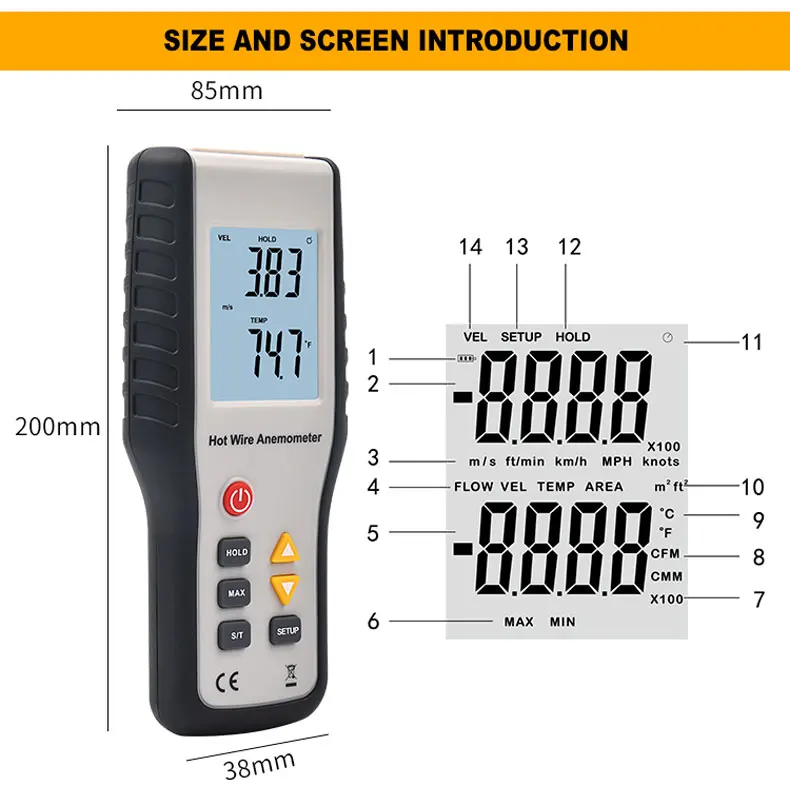 HTI HT-9829 High Sensitivie Digital Portable Wind Speed Meter Hot Wire Thermal A
