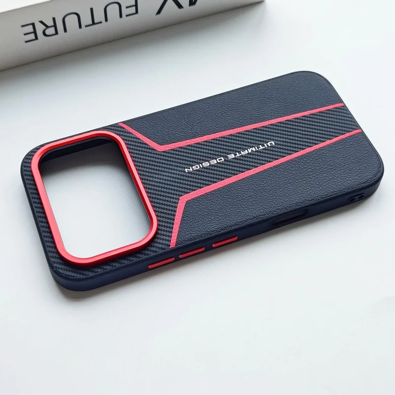 Premium Carbon Fiber Leather Protective Case with Metal Lens Ring - Anti-Drop Full Coverage
