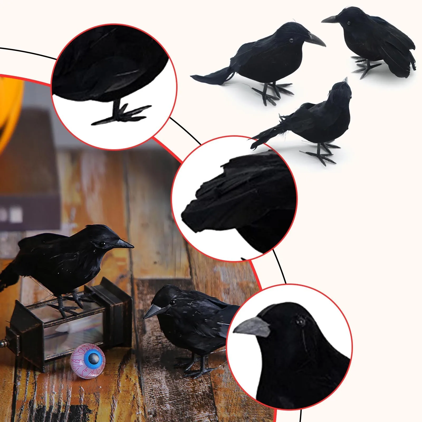 Plastic Realistic Crow Ornament Desktop Decoration 6pcs/Set For Halloween Room Decor Party Decor