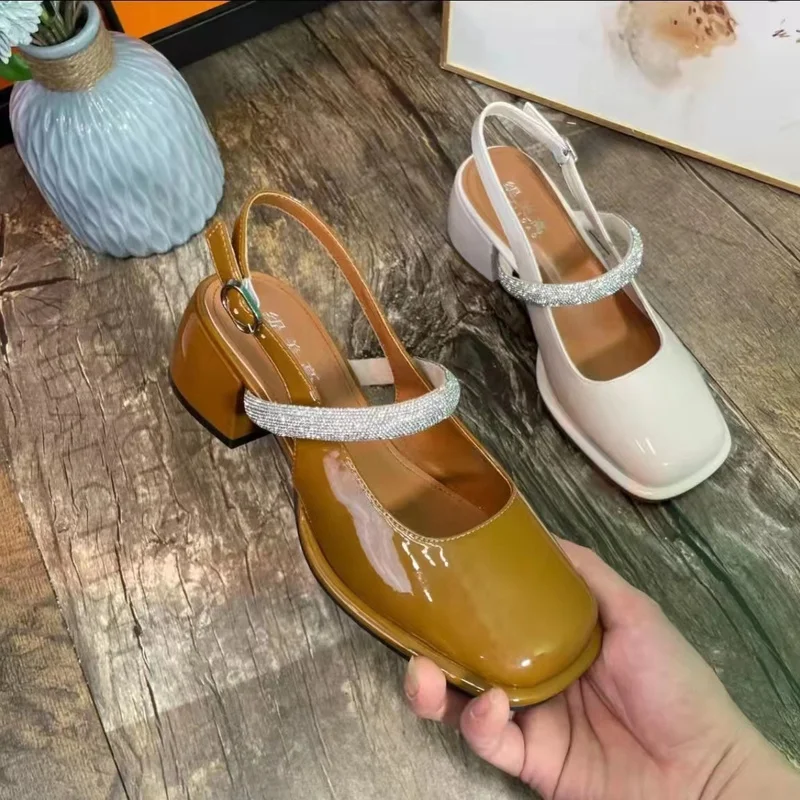 New Mary Janes Square Toe Women Pumps Buckle Strap Women Shoes Rhinestones Genuine Leather Hot Sexy Pumps Fashion Shoes Woman