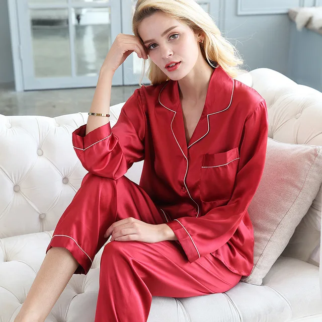 Female Real Silk Pajama Sleepwear 100% Pure Women's Pajamas Suits Long Top and Pant Silk Pajama Sets Plus Size Pijama Home Suit Red