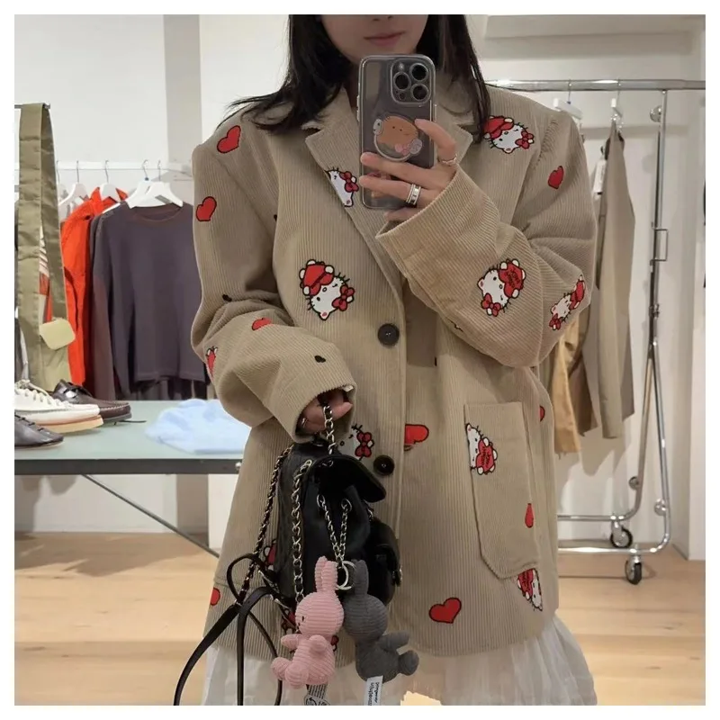 

Kawaii Sanrioed Hellokittys Embroidered Printed Girls' Fashion Corduroy Blazer Cute Silhouette Loose Blazer Coat Girl Gifts