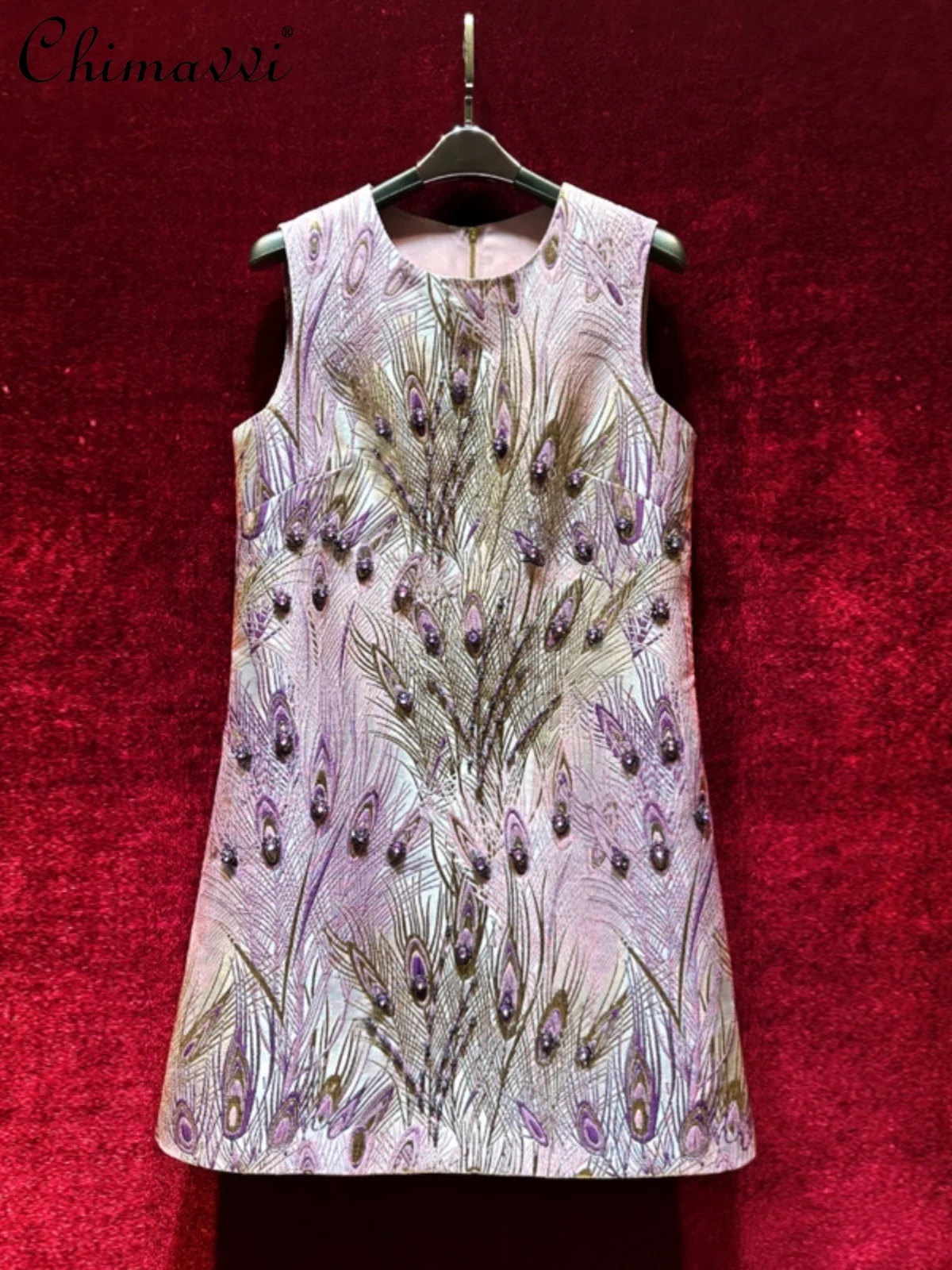 

Purple Peacock Feathers Jacquard Heavy Beads A- Line Dress Summer Dresses New Fashion Slim-fit Sleeveless Elegant Women's Dress