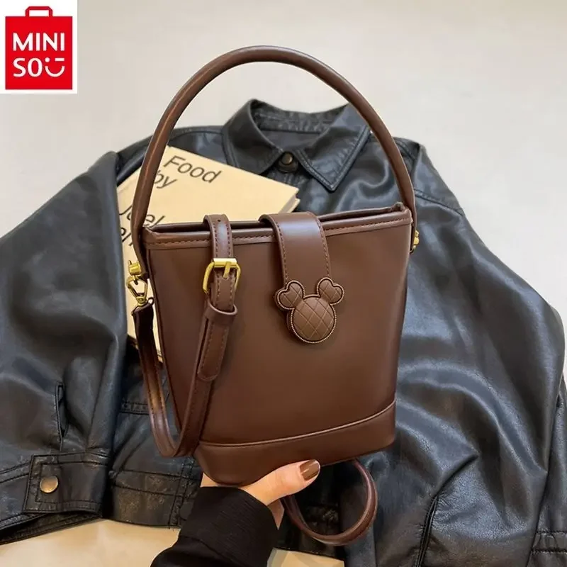 MINISO Disney Mickey Fashion Lock Bucket Bag Women's Vintage Versatile High Quality One Shoulder Crossbody Bag