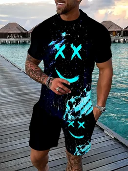 The 2025 summer new men's casual set features a round neck, loose, breathable, lightweight and 3D printed pattern